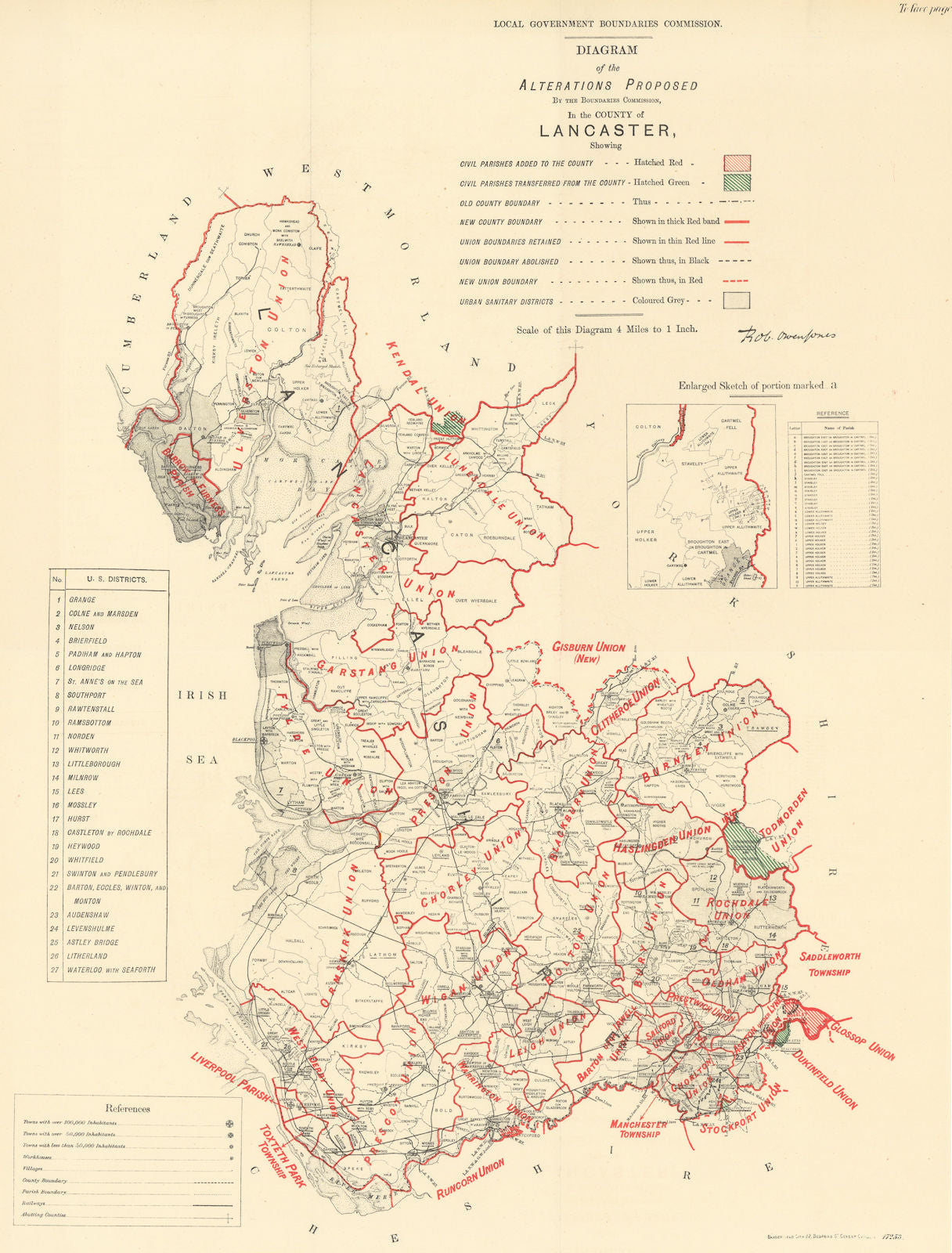 Alterations Proposed in Lancashire. JONES. BOUNDARY COMMISSION 1888 old map